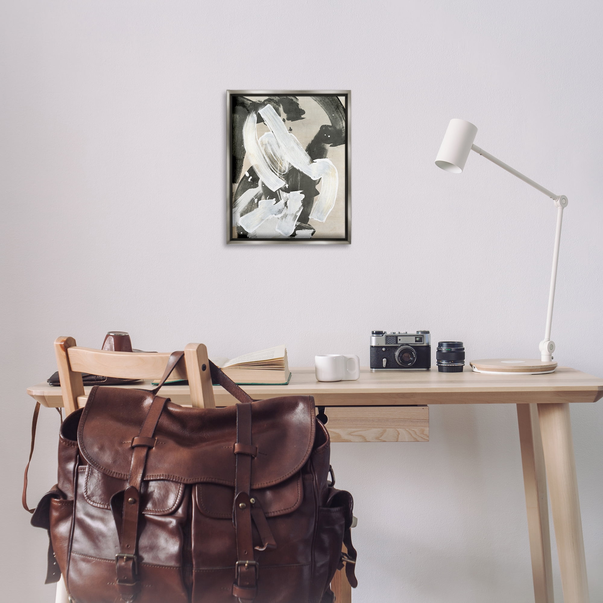 Stupell Industries Chaotic White Paint Streak Abstract Painting Gray Floater Framed Canvas Art Print Wall Art, 17 x 21