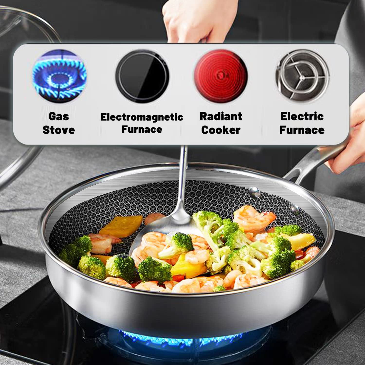 HexClad 14 Inch Hybrid Stainless Steel Frying Pan with Lid, Stay Cool  Handles, Dishwasher and Oven Safe, Non-Stick, Works with Induction Cooktop,  Gas, Ceramic, and Electric Stove