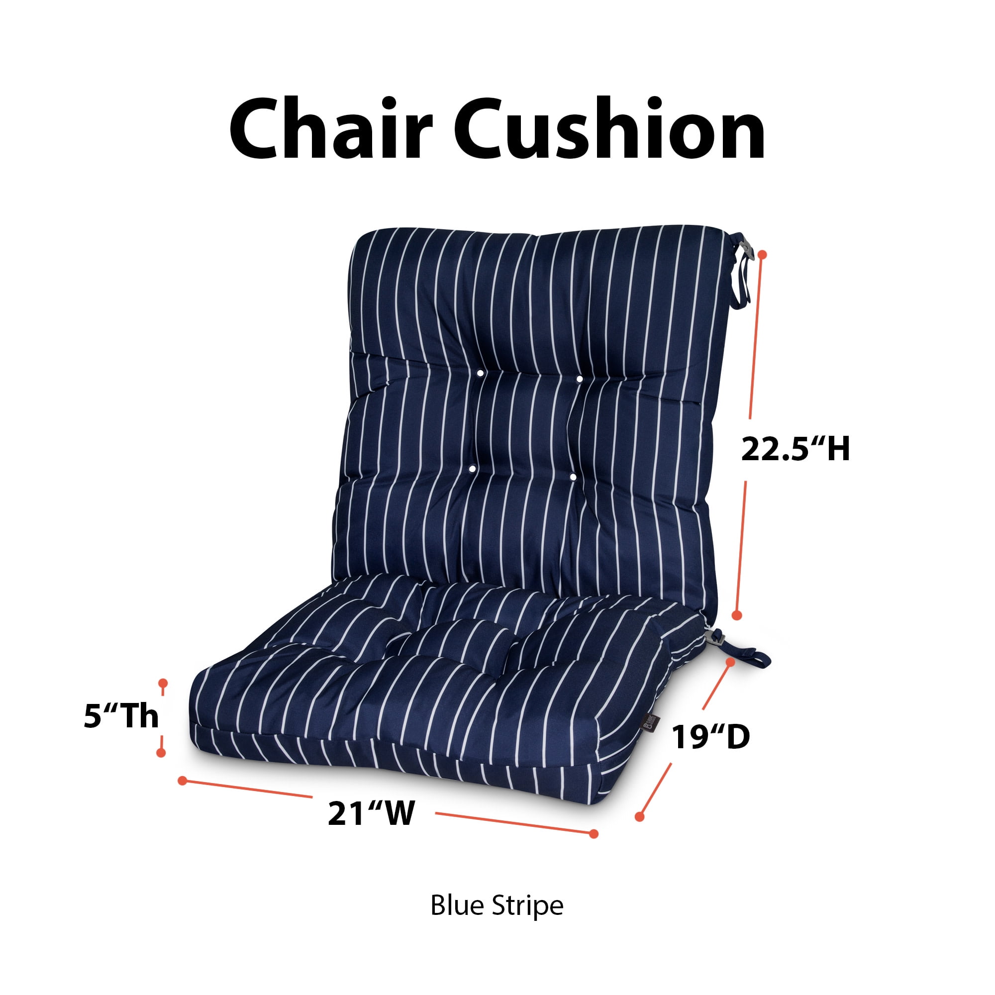 Patio Chair Cushion, Classic Navy, Stripe, 21”W x 19”D (seat) x 22.5”H (back)