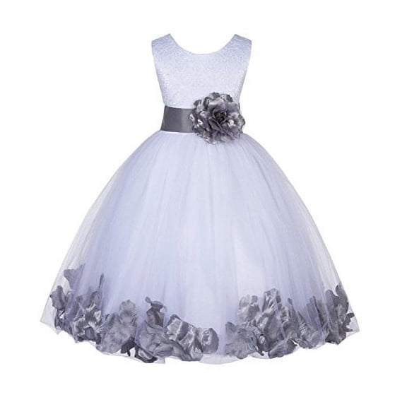 Ekidsbridal White Lace Top Tulle Bodice Floral Petals Flower Girl Dress Easter Summer Pageant Gown Holiday Birthday 165S M