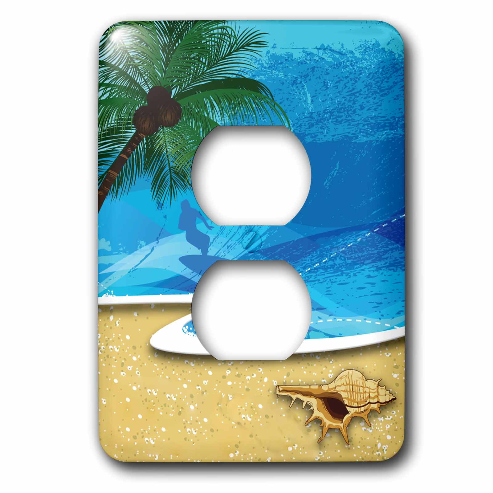 3dRose Beach Scene with A Palm Tree, Sea Shell and Surfer - 2 Plug Outlet Cover (lsp_152537_6)