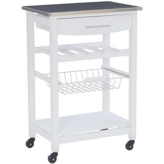 Stainless Steel Top Pine Wood Rolling Kitchen Island Microwave Cart with Storage in White