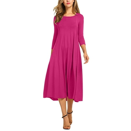 Summer Dresses For Women 2022 Women'S Casual Solid Dress Round Neck Long Sleeve Mid-Calf Swing Dress