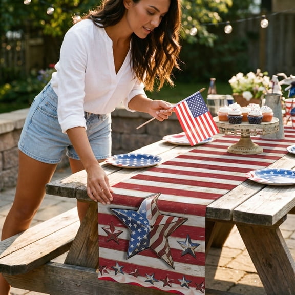 Rijanmt Patriotic Star Striped Flag Table Runner 72x13 Inch,Linen Tablecloth,Americana Stars Table Runners,4th of July Decorations,for Veterans Day Home Dining Independence Day Party Decor,F