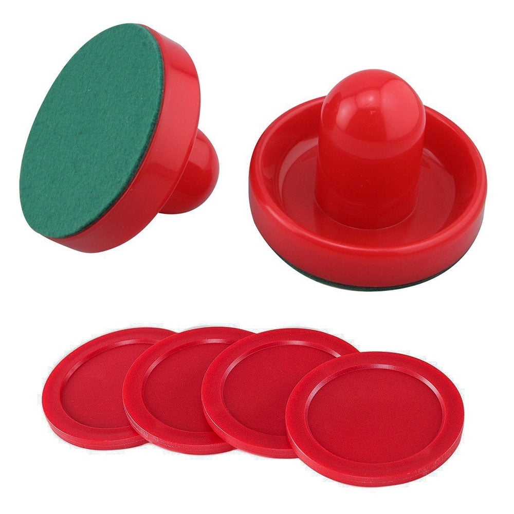 2 Air Hockey Pushers-Cream/Green Felt & 4 Round 2-1/2" Red Pucks-Table Hockey 