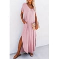 thumbnail image 2 of Casual Short Sleeve Maxi Dress - Pink V-Neck T-shirt Dress, 2 of 12
