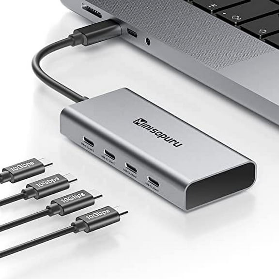 Minisopuru USB C Hub –4 in 1 USB Hub for Laptop, USB Port Hub with USB3.2 Ports 10Gbps, Aluminum USB C Hub Multiport Adapter for MacBook Pro, Chromebook, iPad, iMac, Surface Pro, MacBook Air..