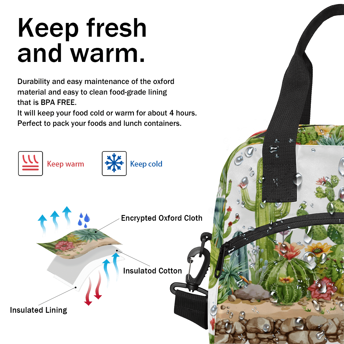 Herdesigns Cactus Floral Insulated Lunch Bag for Women Men Adults Large Reusable Lunch Box Leakproof Portable Cooler Tote Bags with Adjustable Shoulder Strap