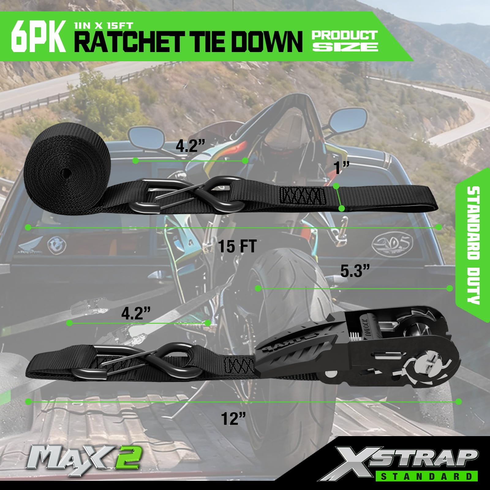 XSTRAP STANDARD Motorcycle Ratchet Tie Down Straps - 4 Pk 1'' x 15 Ft 1890 Lbs Break Strength-Cargo Straps with Integrated Soft Loops, Padded Handles & Coated Safety Clip for Motorcycle, Truck(Black)