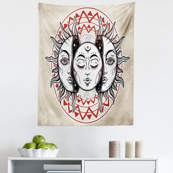 Moon Tapestry, Oriental Elements with Abstract Style Heavenly Bodies Tattoo Style, Fabric Wall Hanging Decor for Bedroom Living Room Dorm, 5 Sizes, Tan Black Ruby, by Ambesonne