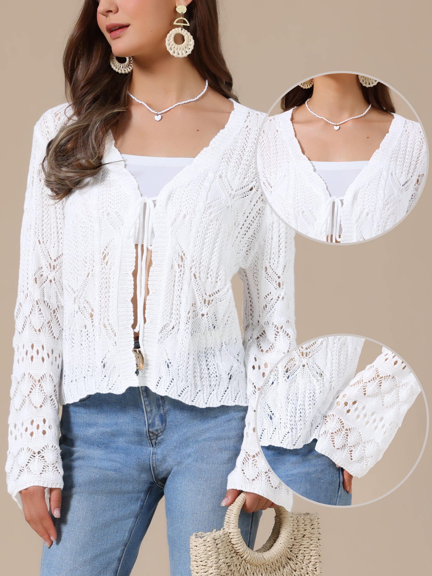DARING DIVA Women's Crochet Bolero Shrug Long Sleeve Tie Front Cardigan M White