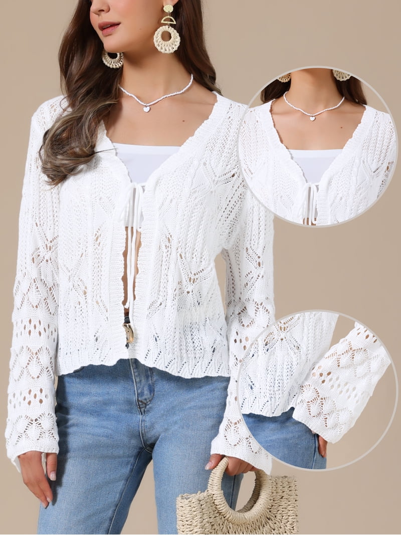 DARING DIVA Women's Crochet Bolero Shrug Long Sleeve Tie Front
