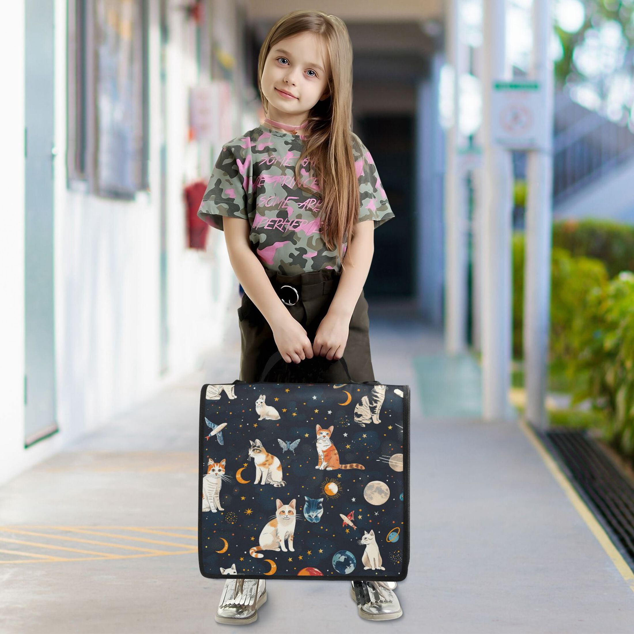3 Ring Zipper Binder with Shoulder Strap Waterproof Trapper Keeper 2 Inch D-Ring 500 Sheets Capacity Cat Butterfly in Space