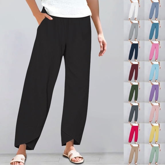 Chroia Cotton Linen Pants For Women Summer Casual Elastic Waist Loose Palazzo Trousers With Pockets
