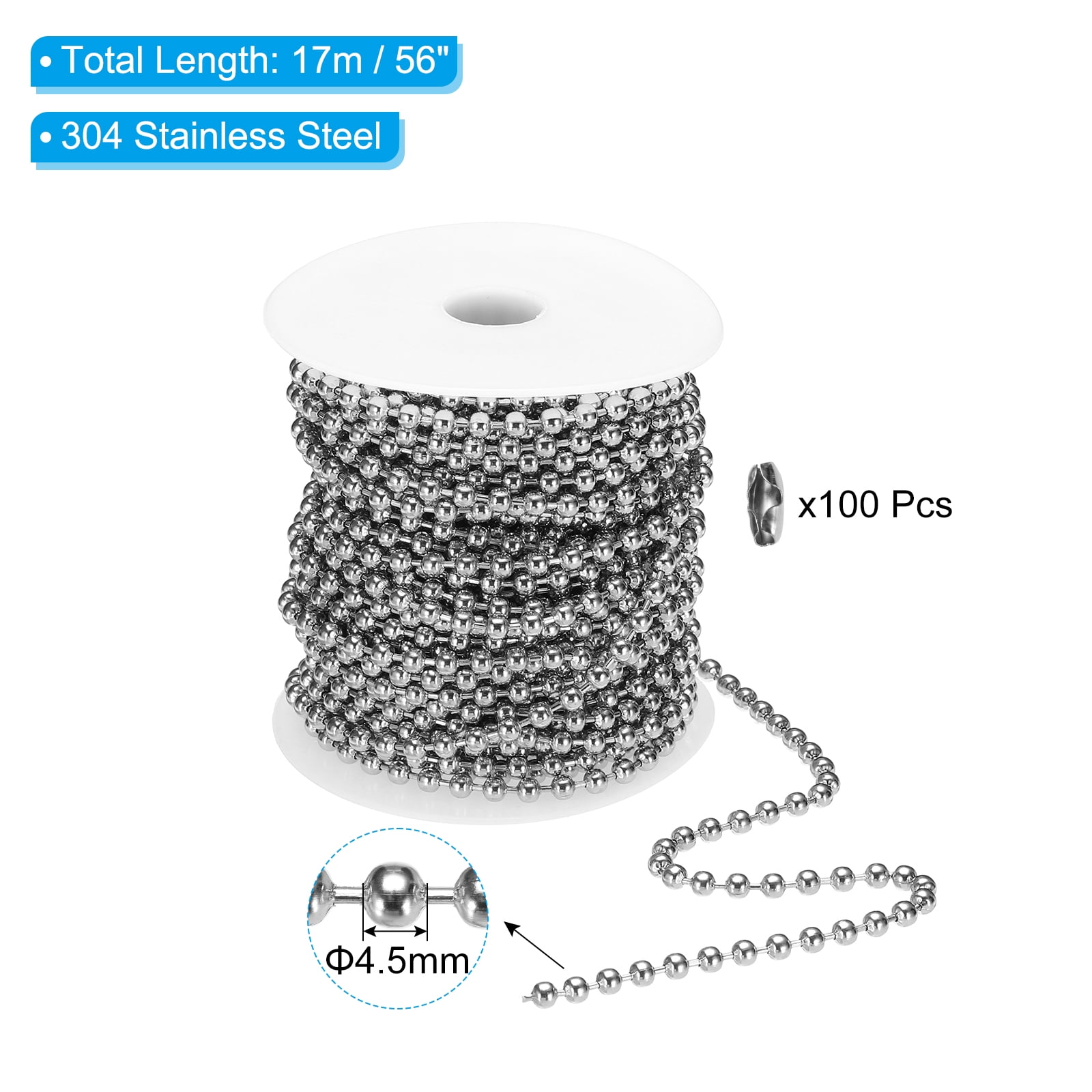 Uxcell 0.18 inch x 56ft 304 Stainless Steel Ball Chain Ball Chain