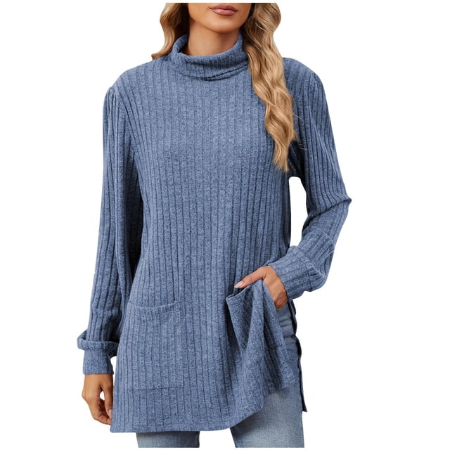 YUGYXL Womens Fall Tunic Tops Long Sleeve Shirts Turtleneck Lightweight Sweaters Side Split Tops with Pockets Blue L