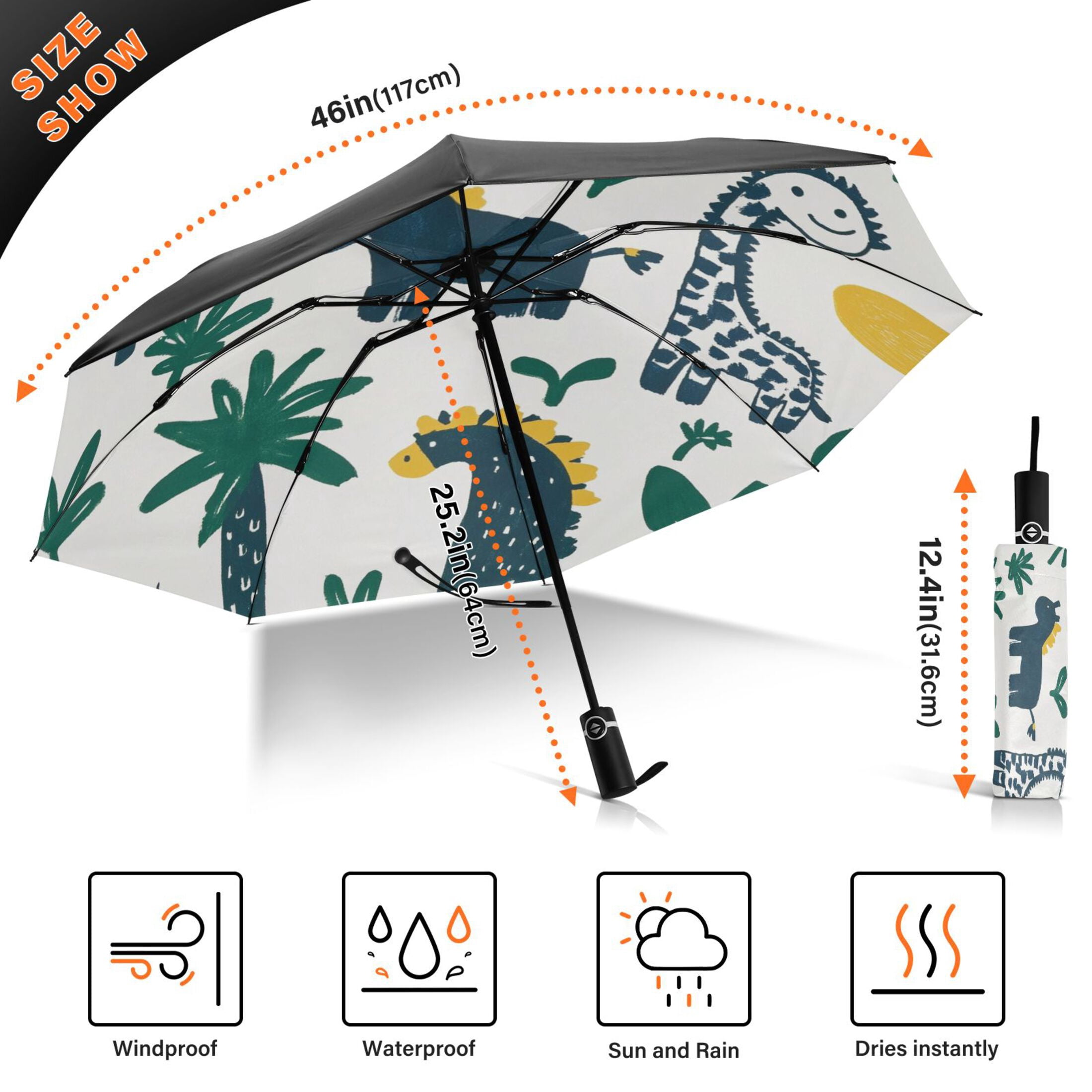 Cute Dinosaur Illustration Extra Large Automatic Umbrella, UV Protection, Waterproof, Auto Open and Close