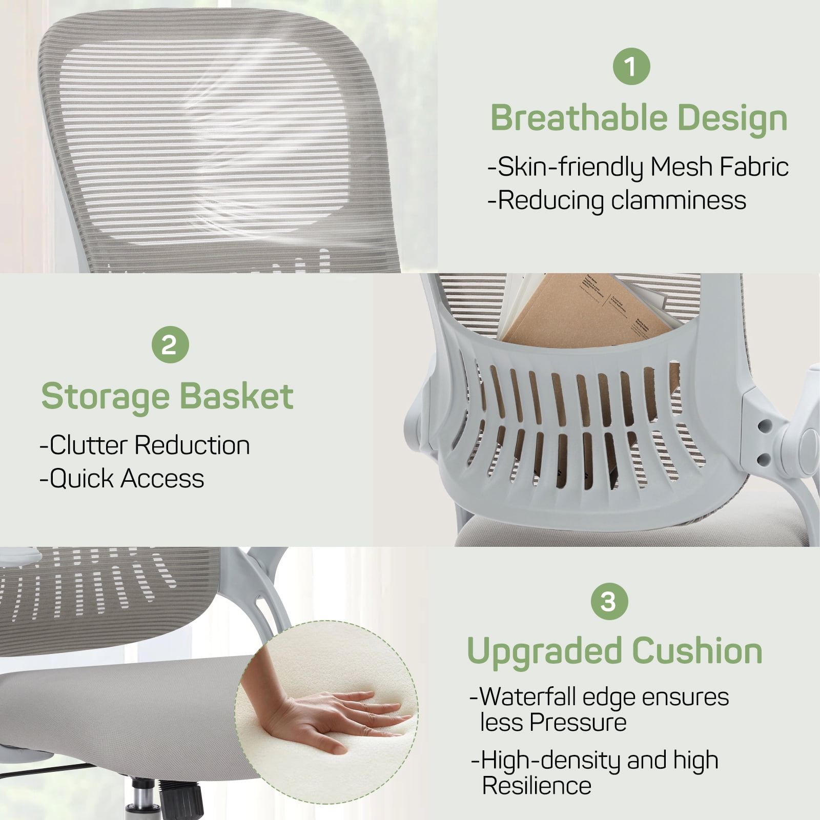 Casabay Office Chair, Ergonomic Mesh Desk Rolling Work Swivel Task Chairs with Flip-up Armrests, Comfortable Lumbar Support, for Home, Bedroom, Study