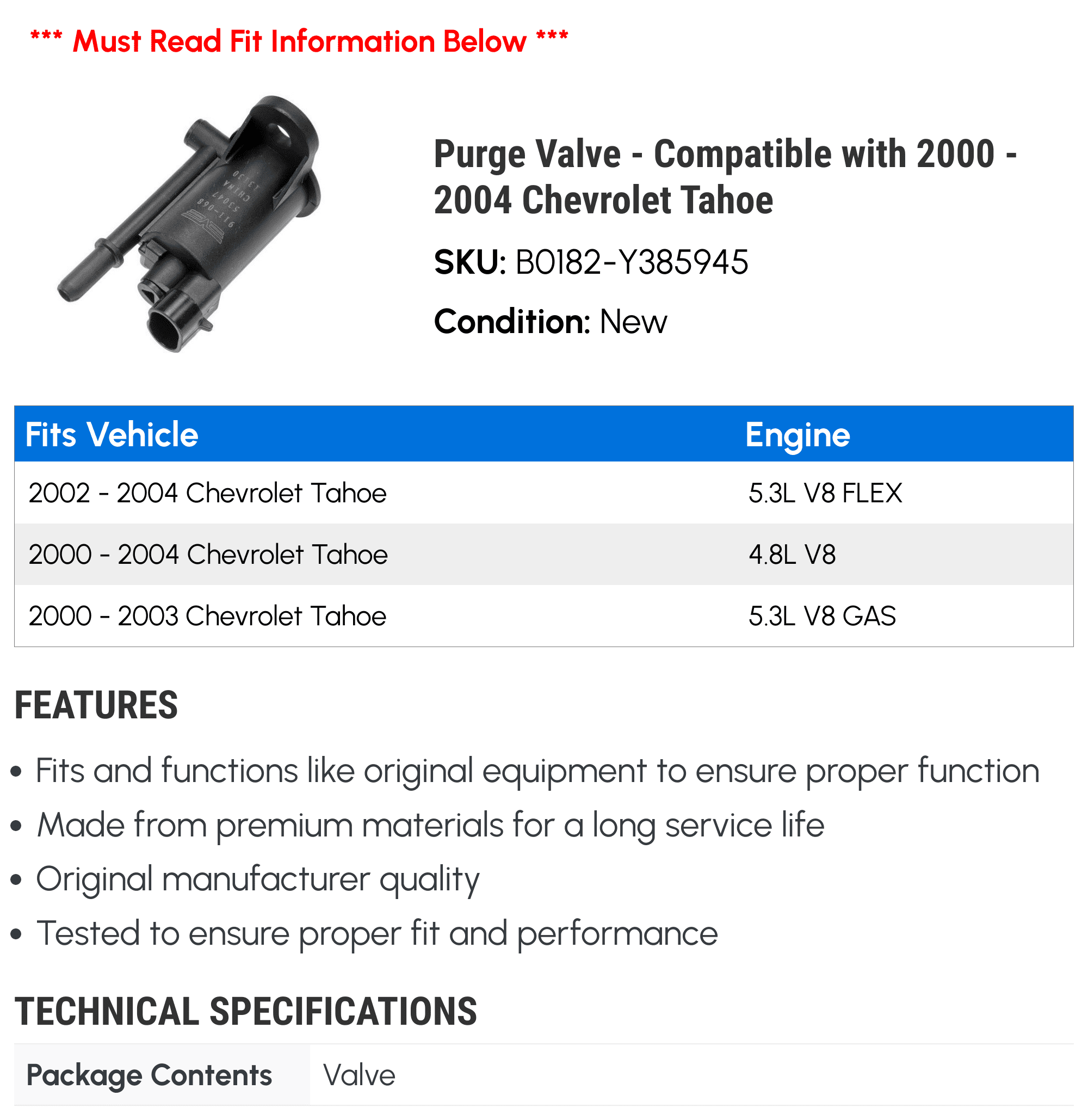 Purge Valve - Compatible with 2000 - 2004 Chevrolet Tahoe - Dorman
