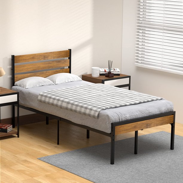 Litake Twin Bed Frame with Wood Headboard and Metal Slats Support Platform Bed Frame with