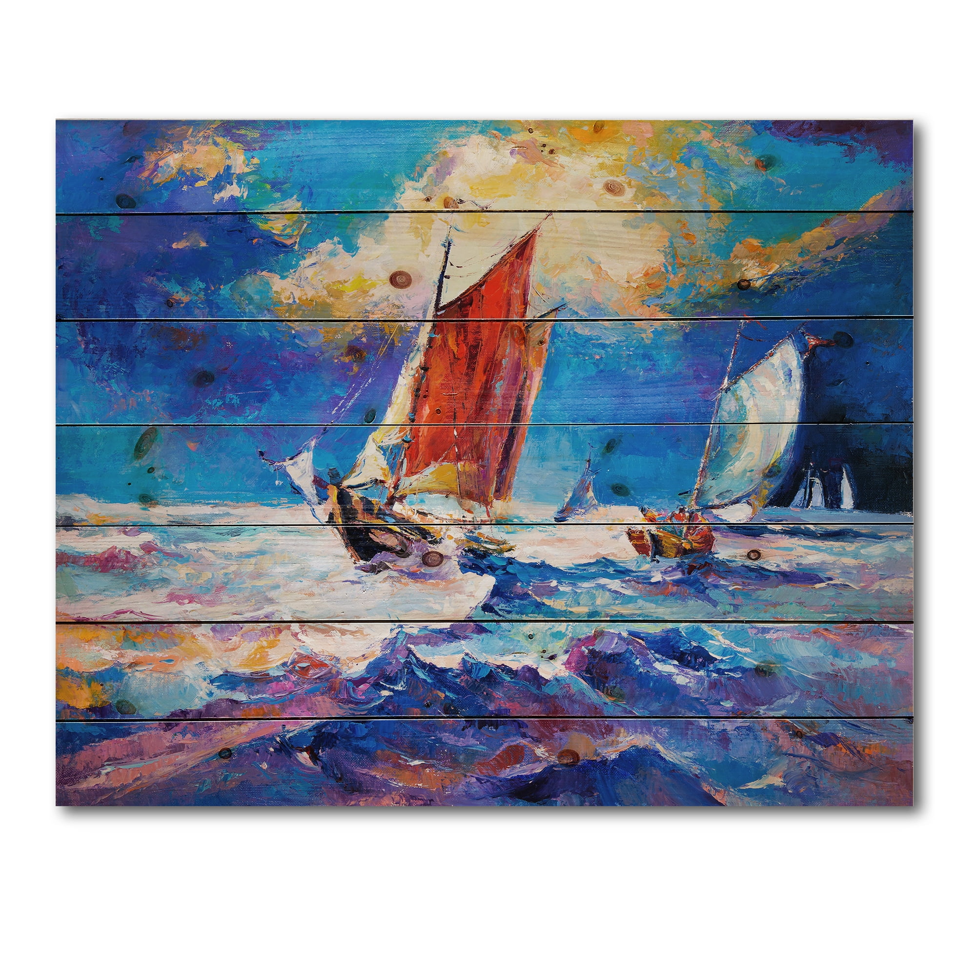 Designart 'Sailships On The Ocean Waves During Evening' Nautical & Coastal Print on Natural Pine Wood