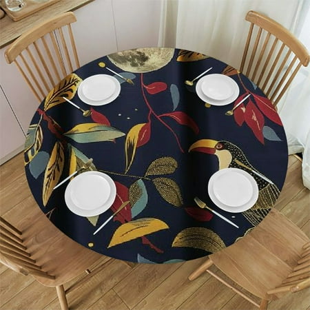 

Sheronv Moon Leaves Birds Round Table Cover Stain Resistant Washable Indoor Outdoor Tablecloth Kitchen Dining Wedding Parties Elastic Edge 100% Polyester Fiber 54-58