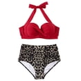thumbnail image 3 of Pompotops Women Vintage Swimsuit Two Piece Retro Halter Ruched High Waist Print Bikini Set S-2XL, 3 of 7
