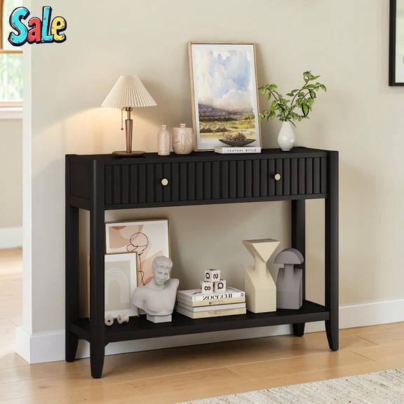 GZXS 39.4-Inch Console Table with 2 Drawers & Open Shelf, Narrow Wooden Accent Storage Foyer Table for Entryway, Living Room or Bedroom, Black