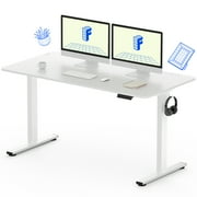 FitStand 55x28 Home Office Height Adjustable Standing Desk with Hooks, Ergonomic Electric Stand Up Computer Desk, White