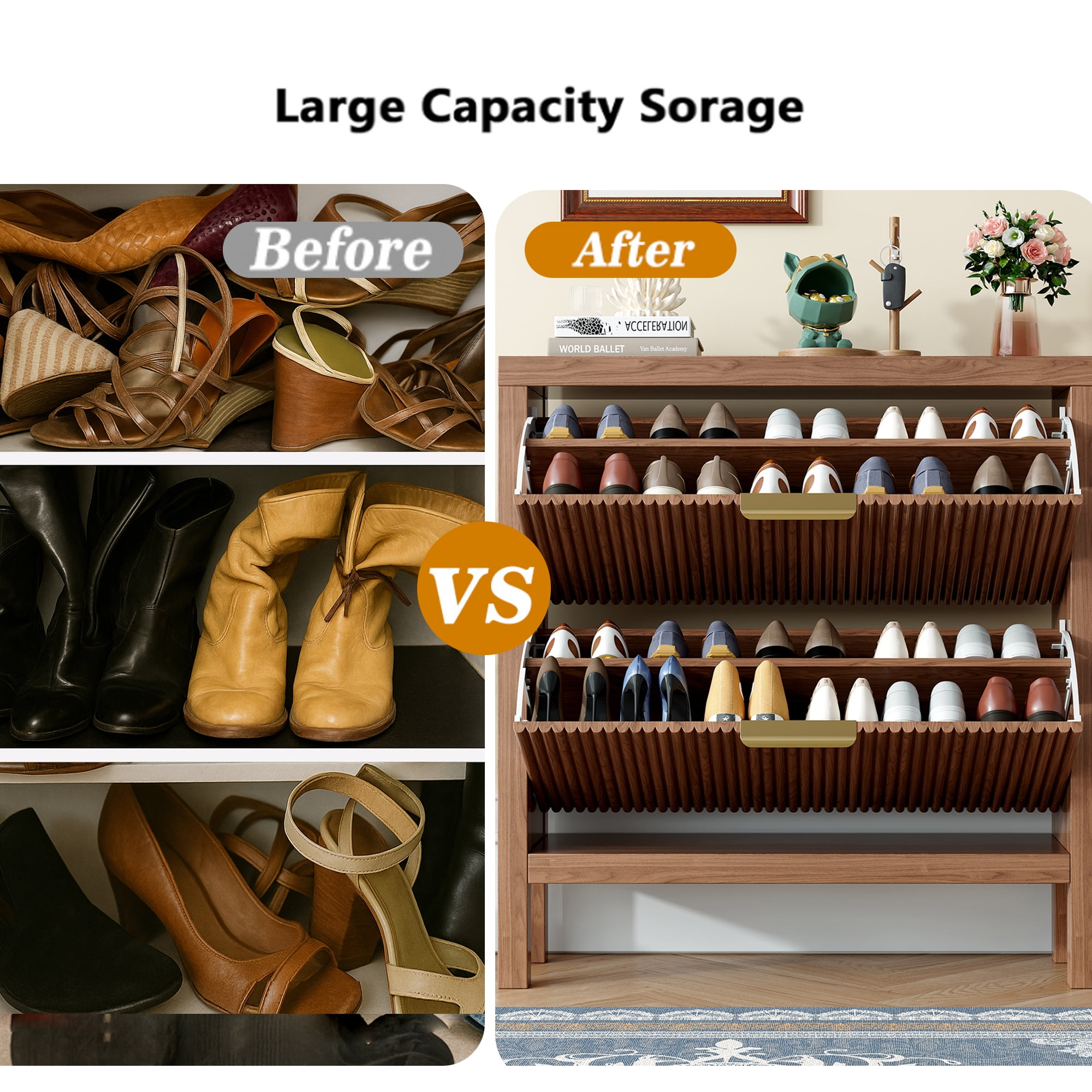Modern Slatted Wood Shoe Organizer with Dual Flip Drawers, Slim Shoe Storage Cabinet, Wood Freestanding Organizer Shoe Rack for Entryway, Small Spaces, or Hallway, Walnut