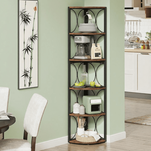 6-Tier Corner Shelf Unit, Sturdy Metal Frame & 0.6" Thick Board, Multi-Functional Storage Rack for Living Room/Bathroom/Balcony