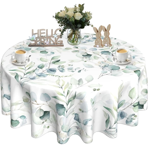 Summer Eucalyptus Leaves Round Tablecloth 60 Inch Spring Tablecover Waterproof Table Cloth for Kitchen/Home Decoration