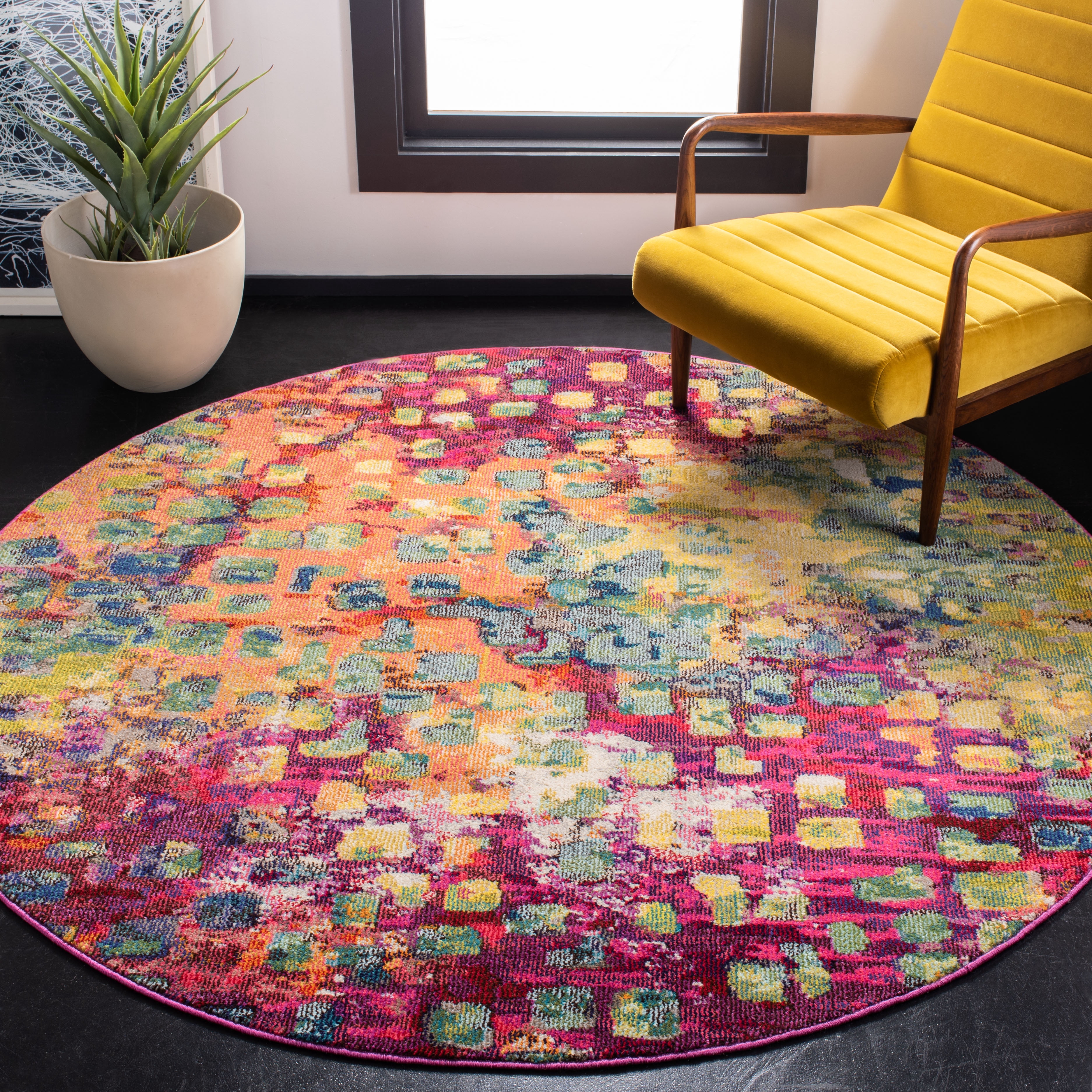 SAFAVIEH Madison Candelario Abstract Polka Dots Area Rug, Fuchsia/Gold, 6'7" x 6'7" Round