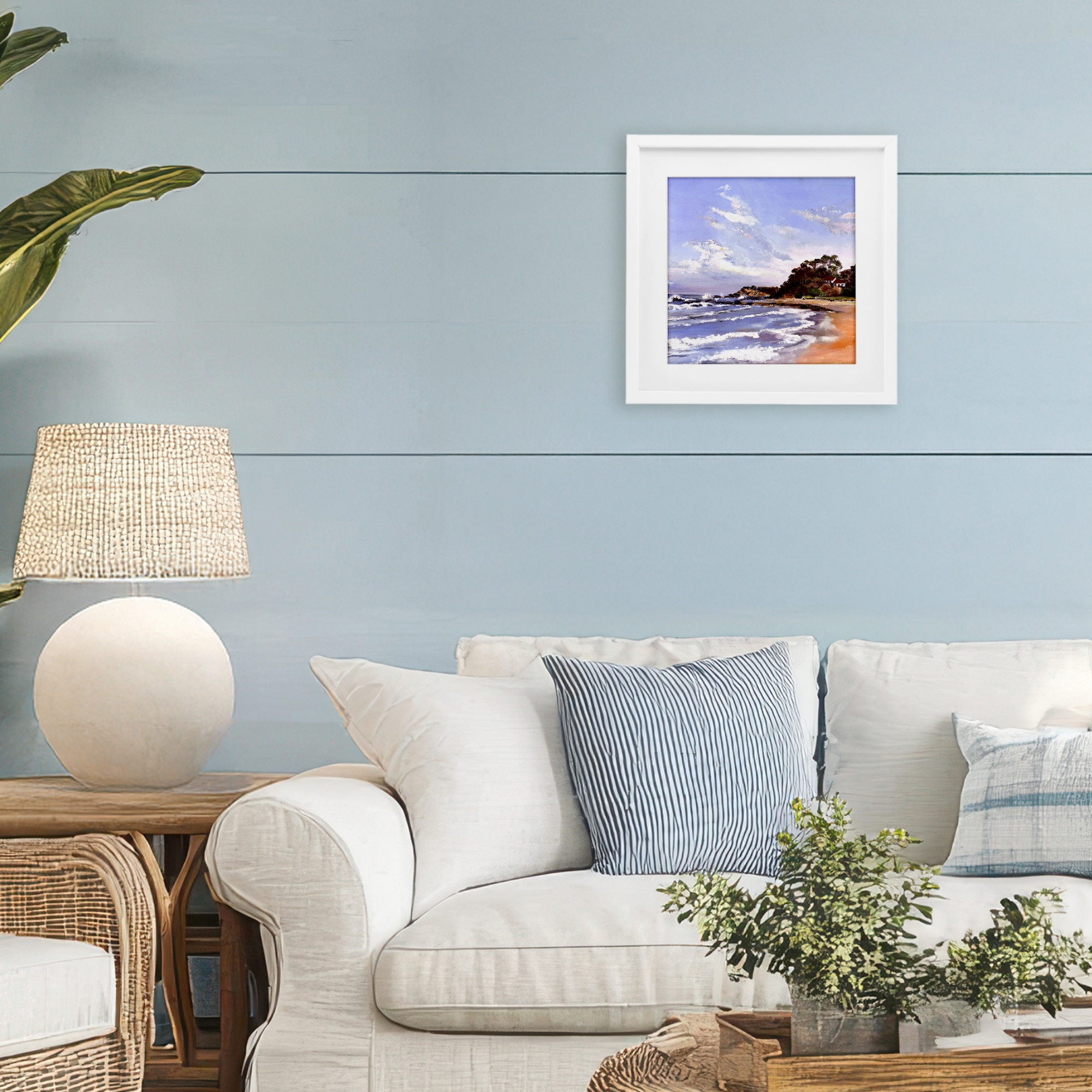 Malua Bay Seascape White Framed Print Under Glass, design by Patricia Reynolds