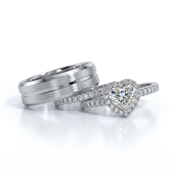 His and Hers Ring Couple Rings White Gold Plated Heart 1CT Cz Womens Wedding Ring Sets Blue Titanium Steel Mens Wedding Bands