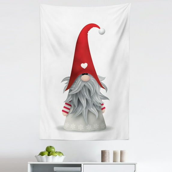 Gnome Tapestry, Nordic Tonttu Myth Finnish Creature Nisser Scandinavian Folklore Print, Fabric Wall Hanging Decor for Bedroom Living Room Dorm, 5 Sizes, Ruby Pale Grey, by Ambesonne