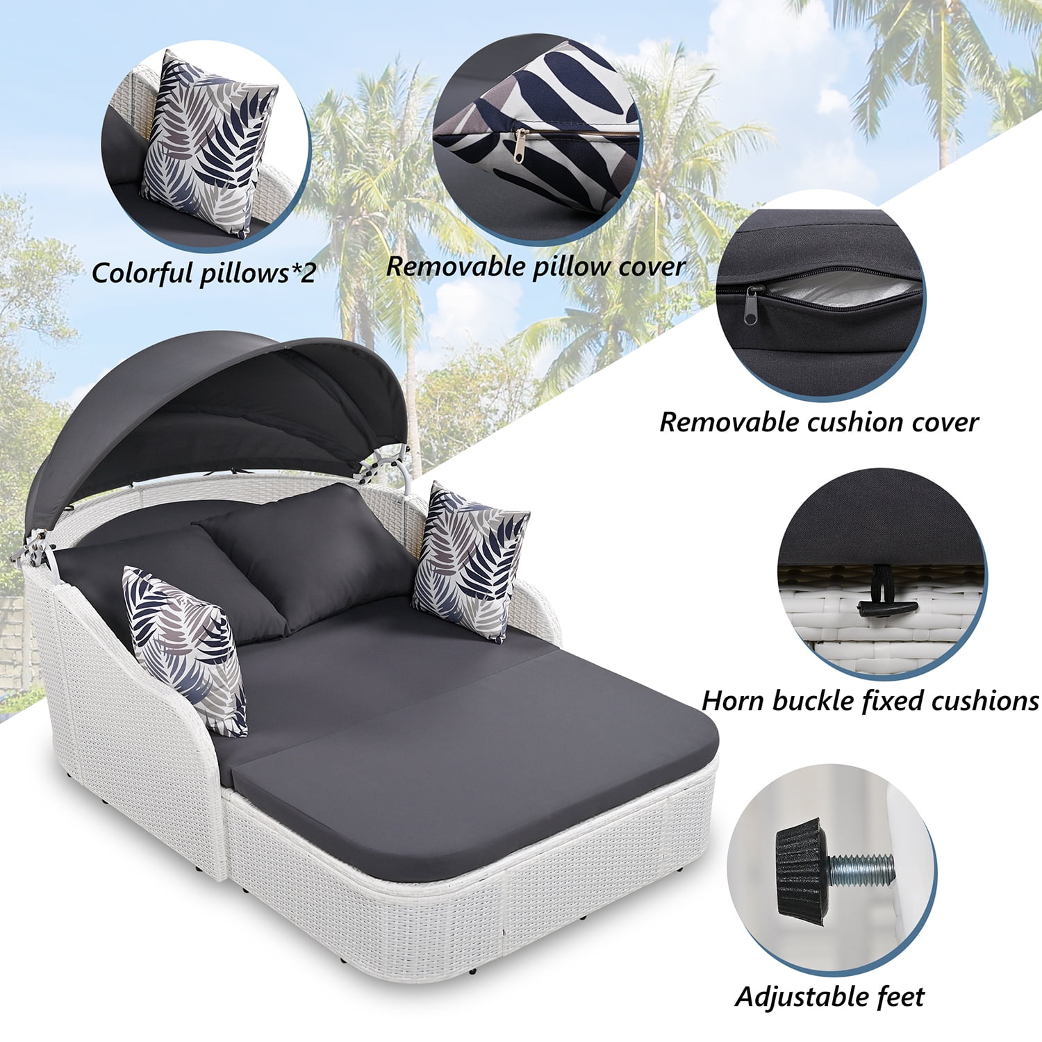 Kadyn 79.9" Outdoor Sunbed, PE Rattan Daybed with Adjustable Canopy, Double Lounge for Patio, White+gray Kadyn 79.9" Outdoor Sunbed, PE Rattan Daybed with Adjustable Canopy, Double Lounge for Patio, White+gray
