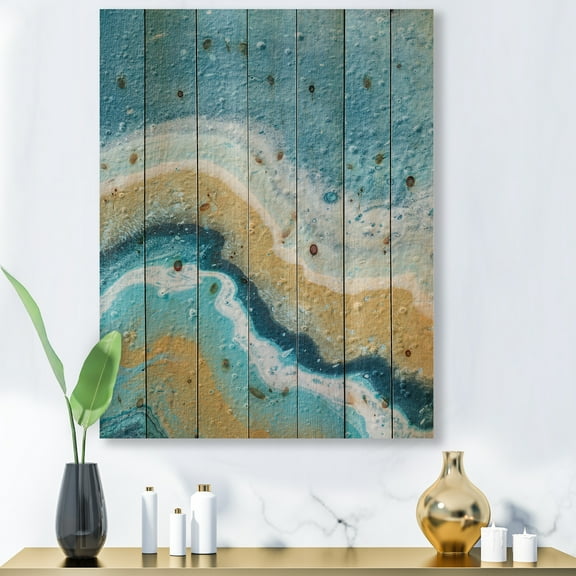 Designart 'Abstract Composition In Blue and Yellow VI' Modern Print on Natural Pine Wood