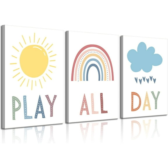 3Pcs Boho Nursery Canvas Wall Art Play All Day Kids Room Wall Decor Pictures Rainbow Sun Cloud Posters Prints for Boy Girl Bedroom Playroom Classroom Decoration, 12x16in