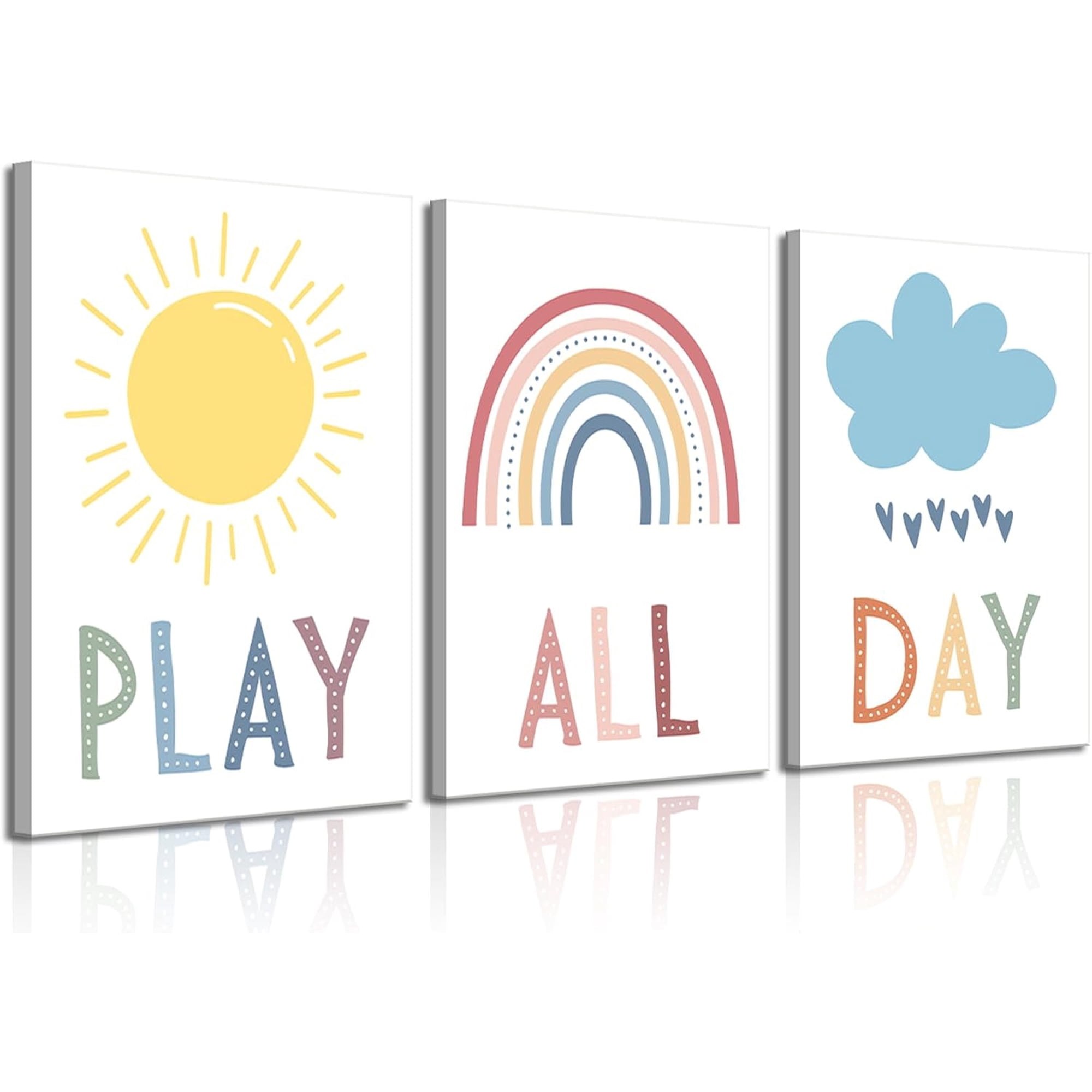 3Pcs Boho Nursery Canvas Wall Art Play All Day Kids Room Wall Decor Pictures Rainbow Sun Cloud Posters Prints for Boy Girl Bedroom Playroom Classroom Decoration, 12x16in