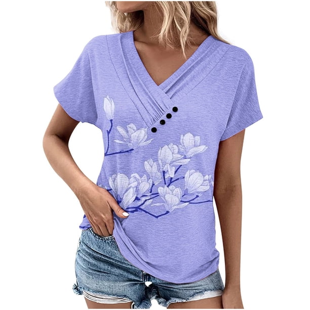 Camiseta de Manga Corta Suelta con Cuello en V Impresa, Blusa Casual para el Hogar Y el Uso Diario