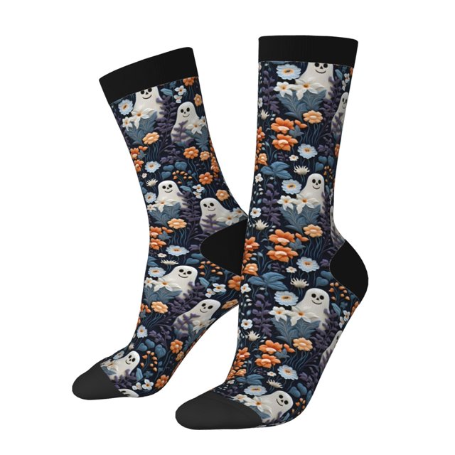 Balery Cute ghost in the flowers Calcetas Largas con Estampado para Hombre y Mujer – Suaves y Transpirables, Talla Única (US 5-11)