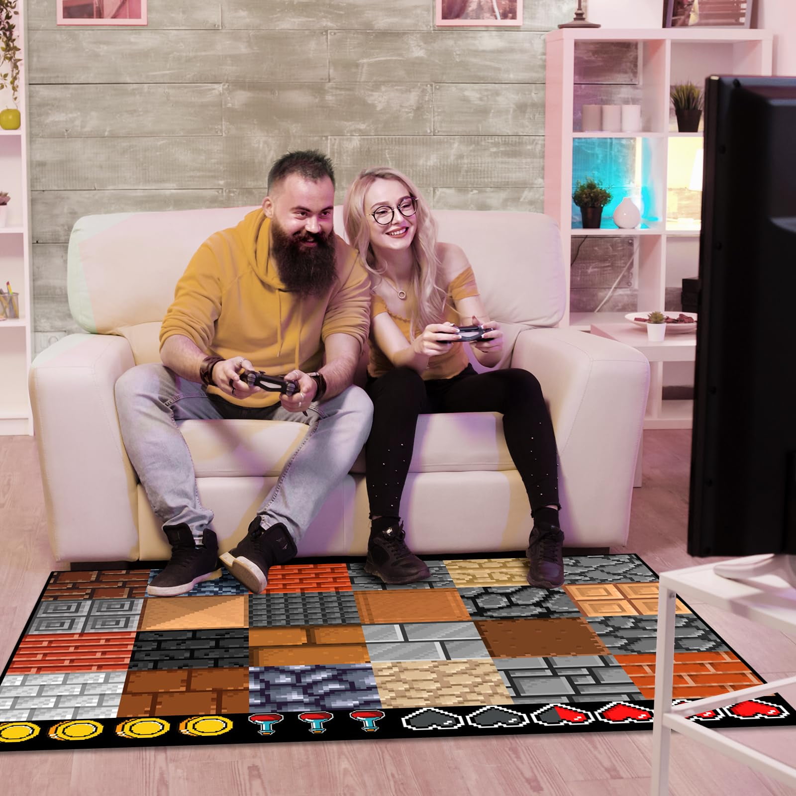 Game Rug Teen Boys Carpet with Wall Pixel Game Element Decoration, 8 Bit Old Game Rugs for Boy’s Bedroom Living Room Playroom, Non-Slip Children Gaming Area Rugs (79" x 59")