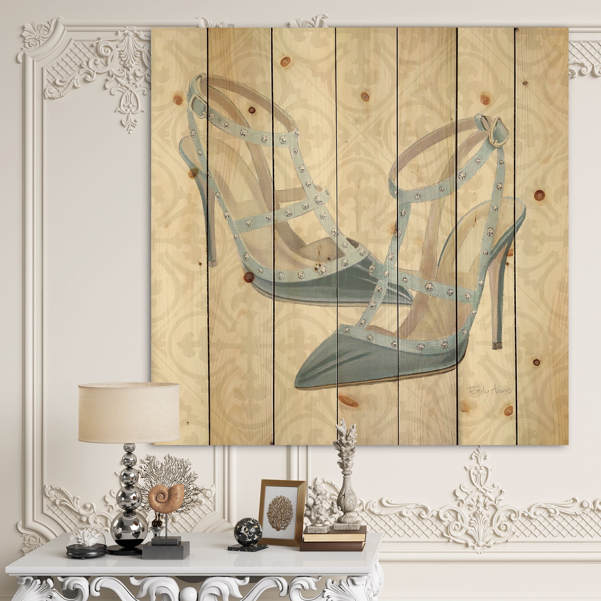 Designart 'Fashion Cosmetics Blue Shoes II' Fashion Print on Natural Pine Wood