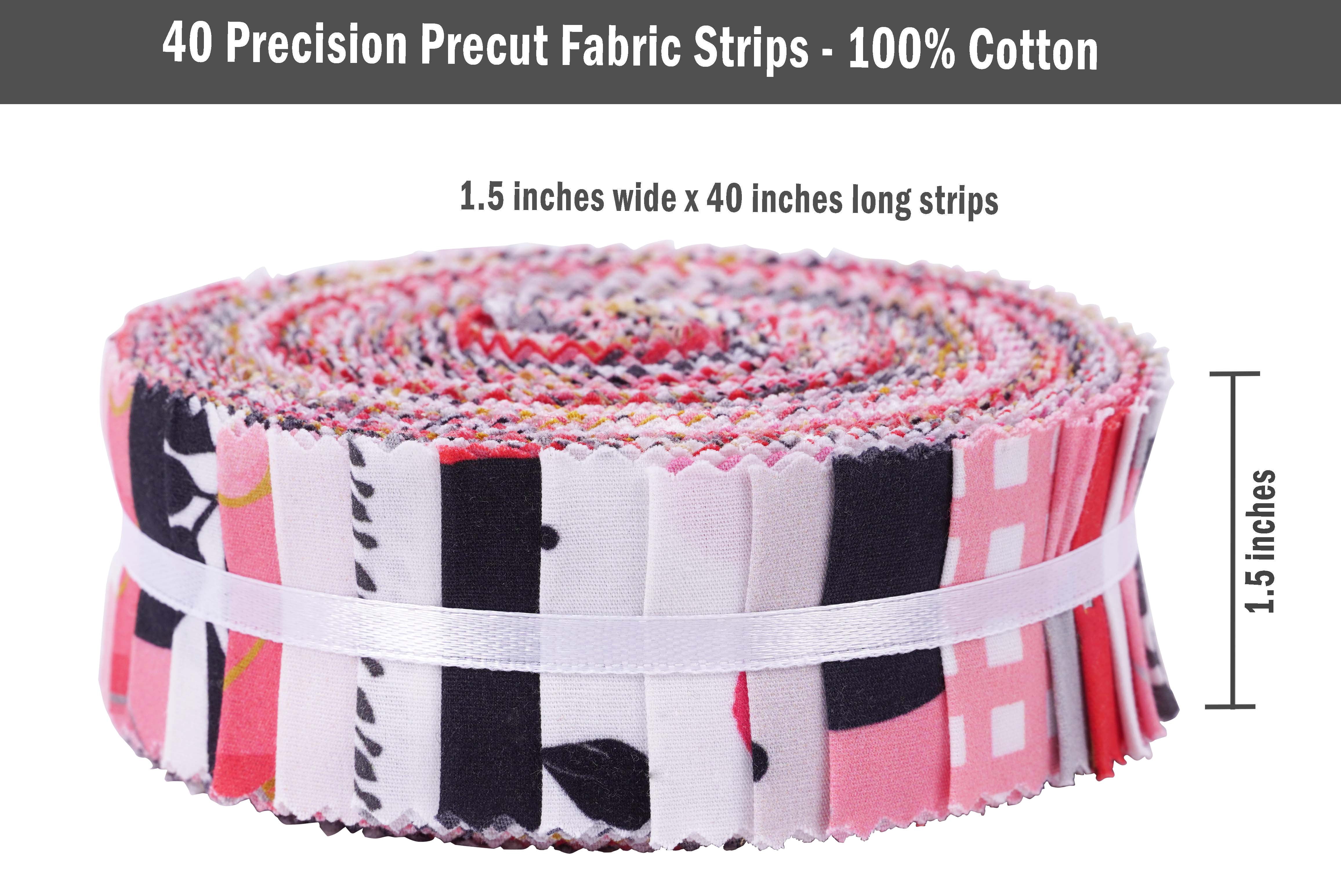 Soimoi 40Pcs Floral Print Precut Fabrics Strips Roll Up 1.5x42inches Cotton Jelly Rolls For Quilting - Pink White & Black
