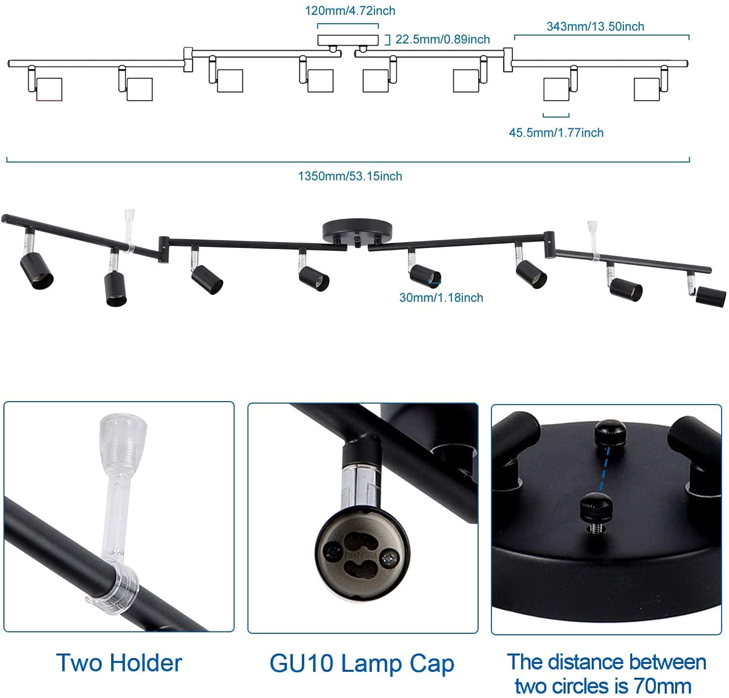 Aototen 8-Head Track Lighting Kit: Flexible, Rotatable GU10 Spotlights with Multi-Directional Arms (Black)