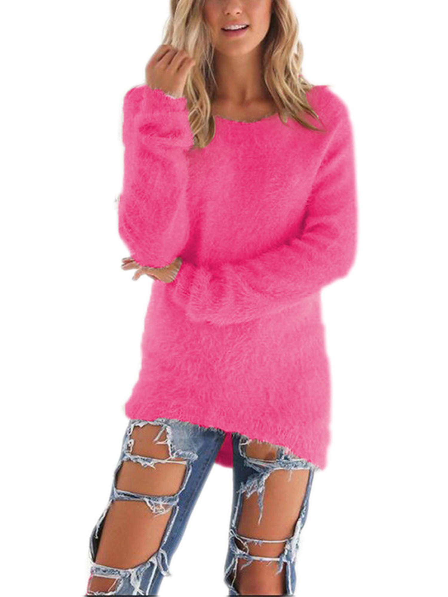 Plus Size Women Mid-Length Loose Solid Color Pullover Sweaters High Low Fluffy Tunics Crew Neck Womens Knit Tops for Junior Ladies Women - image 1 of 3