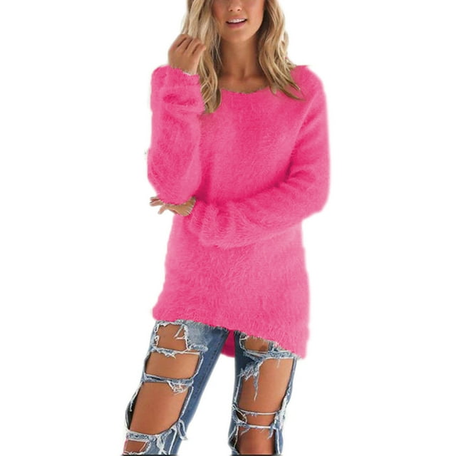 Plus Size Women Mid-Length Loose Solid Color Pullover Sweaters High Low Fluffy Tunics Crew Neck Womens Knit Tops for Junior Ladies Women