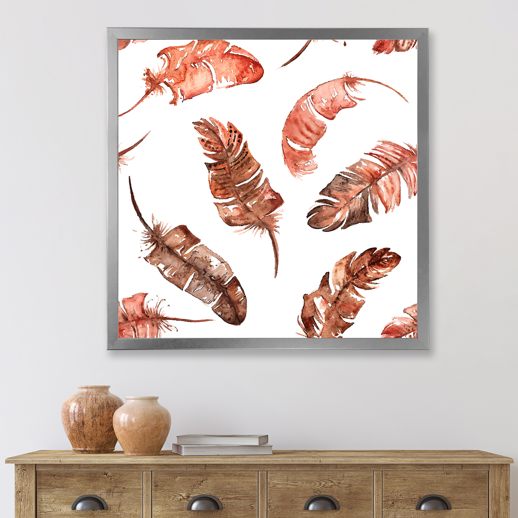 Designart 'Ethinic Orange Feathers On White' Bohemian & Eclectic Framed Art Print