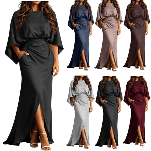 Iyufng Women Round Neck Batwing Sleeve Satin Maxi Dress, Ruched High Waist Side Slit Long Formal Gown with Pockets, Women's Elegant Wedding Guest Cocktail Party Evening Dress